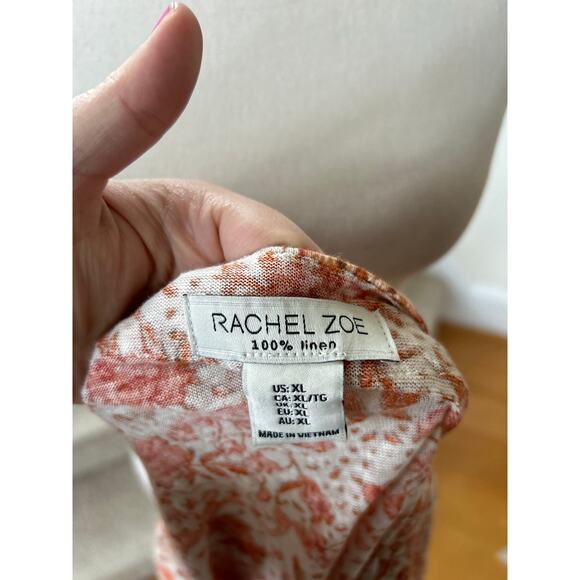 Rachel Zoe Orange Floral Block Print Linen Short Sleeve V-Neck Henley T-Shirt - Picture 4 of 6